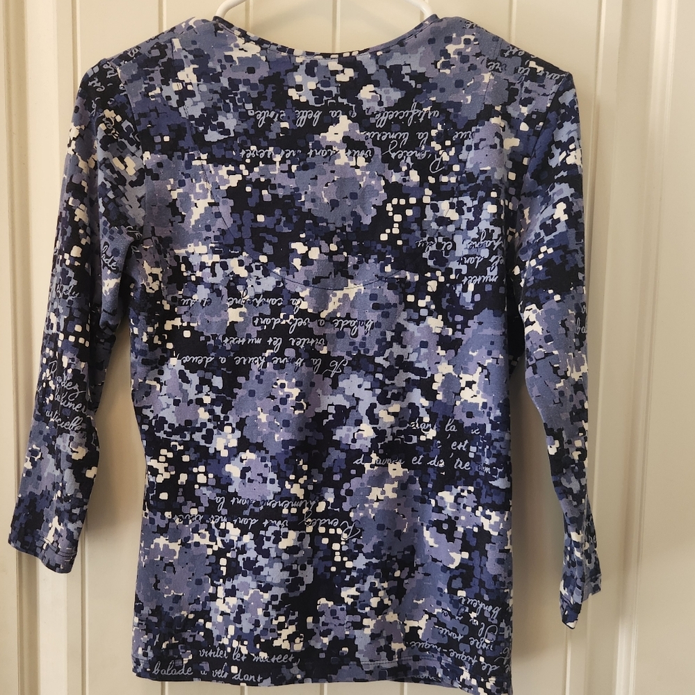 Ruby Rd. V-neck, 3/4 Sleeve sleeve, blue multicolored faux wrap top, Size PS - Picture 3 of 4